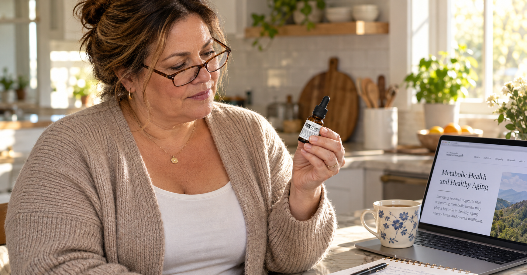 Woman in her fifties carefully reading a natural supplement label at her kitchen counter while researching non-prescription weight loss options Woman in her fifties carefully reading a natural supplement label at her kitchen counter while researching non-prescription weight loss options