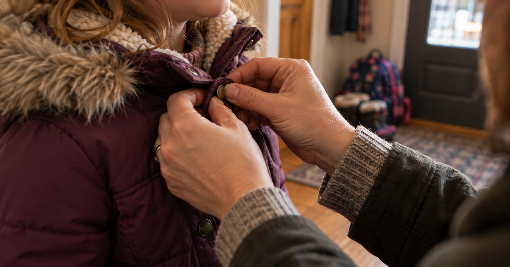 Close-up of an adult's hands buttoning a young child's coat, showing the everyday hand function a pinched nerve can take away