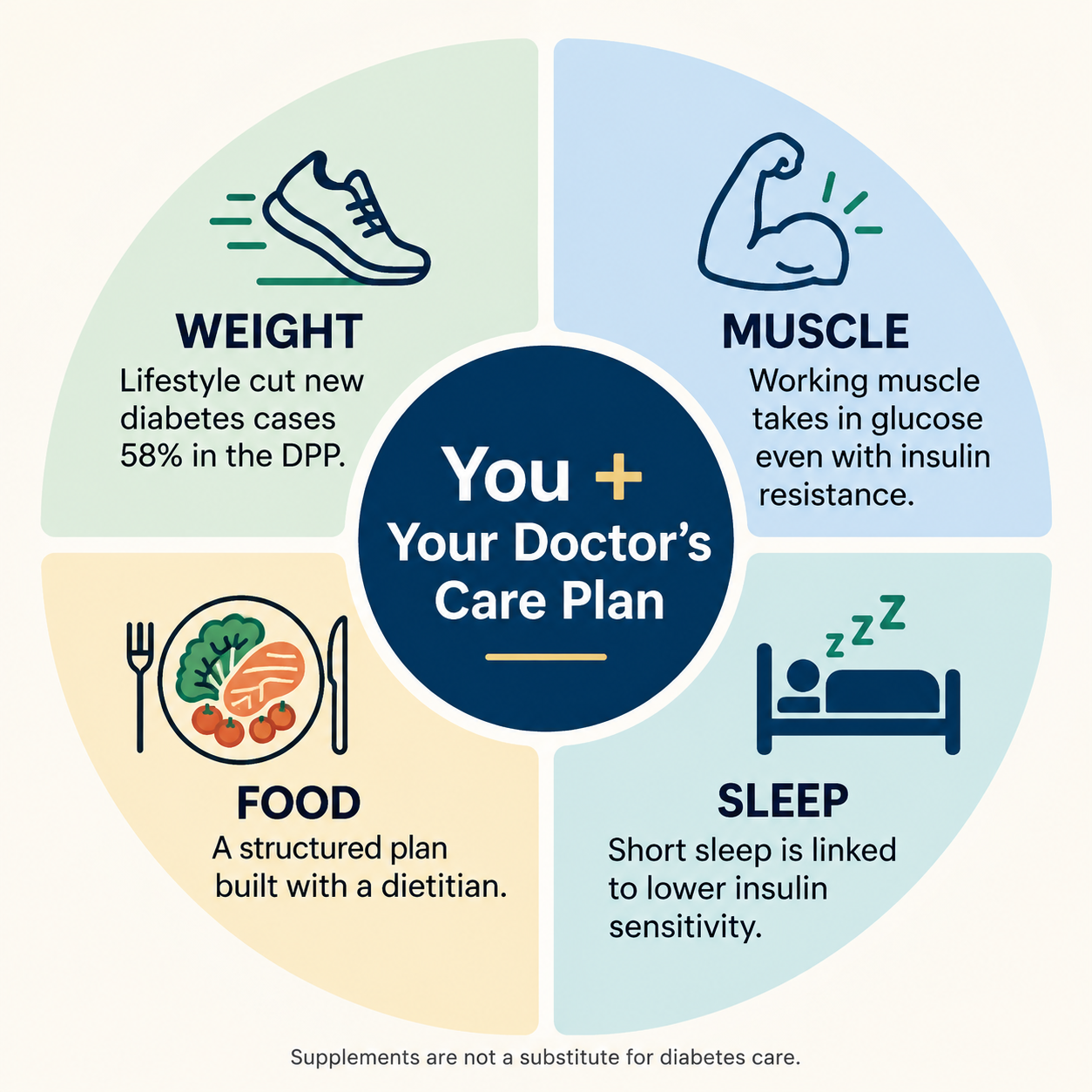 Infographic of four natural solutions for type 2 diabetes: weight loss, muscle, food, and sleep, with your doctor and care plan at the center