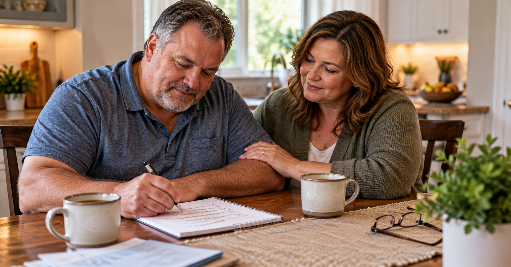 Man in his fifties and his wife at the kitchen table writing questions for his doctor about natural solutions for type 2 diabetes