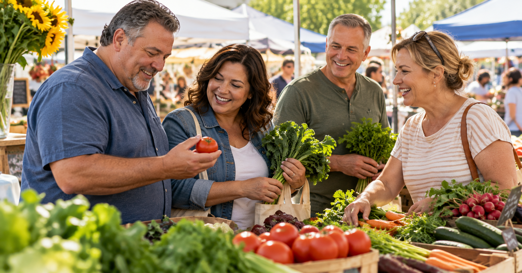 Adults of different body sizes choosing vegetables together at a neighborhood farmers market as part of everyday natural solutions for type 2 diabetes
