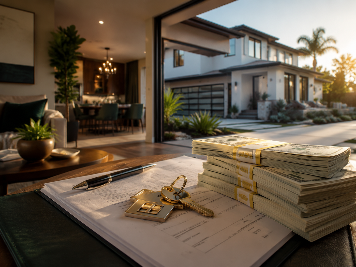 Dinero, llaves y documentos de cierre frente a una casa nueva