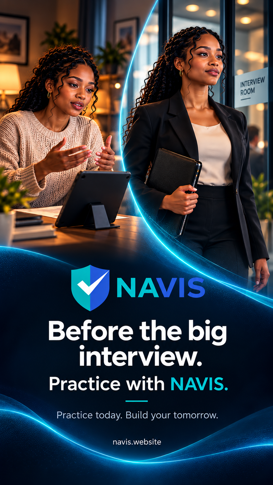 NAVIS campaign illustration: an adult practising with a tablet at home, then preparing to enter an interview. Before the big interview, practice with NAVIS.