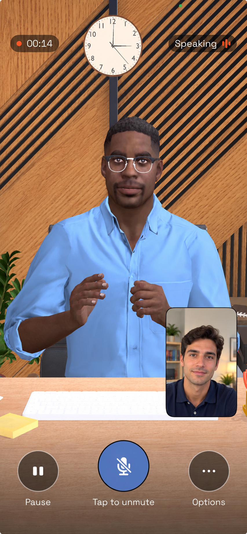 NAVIS male virtual interviewer speaking during interview practice, with a fictional adult participant in the camera tile.