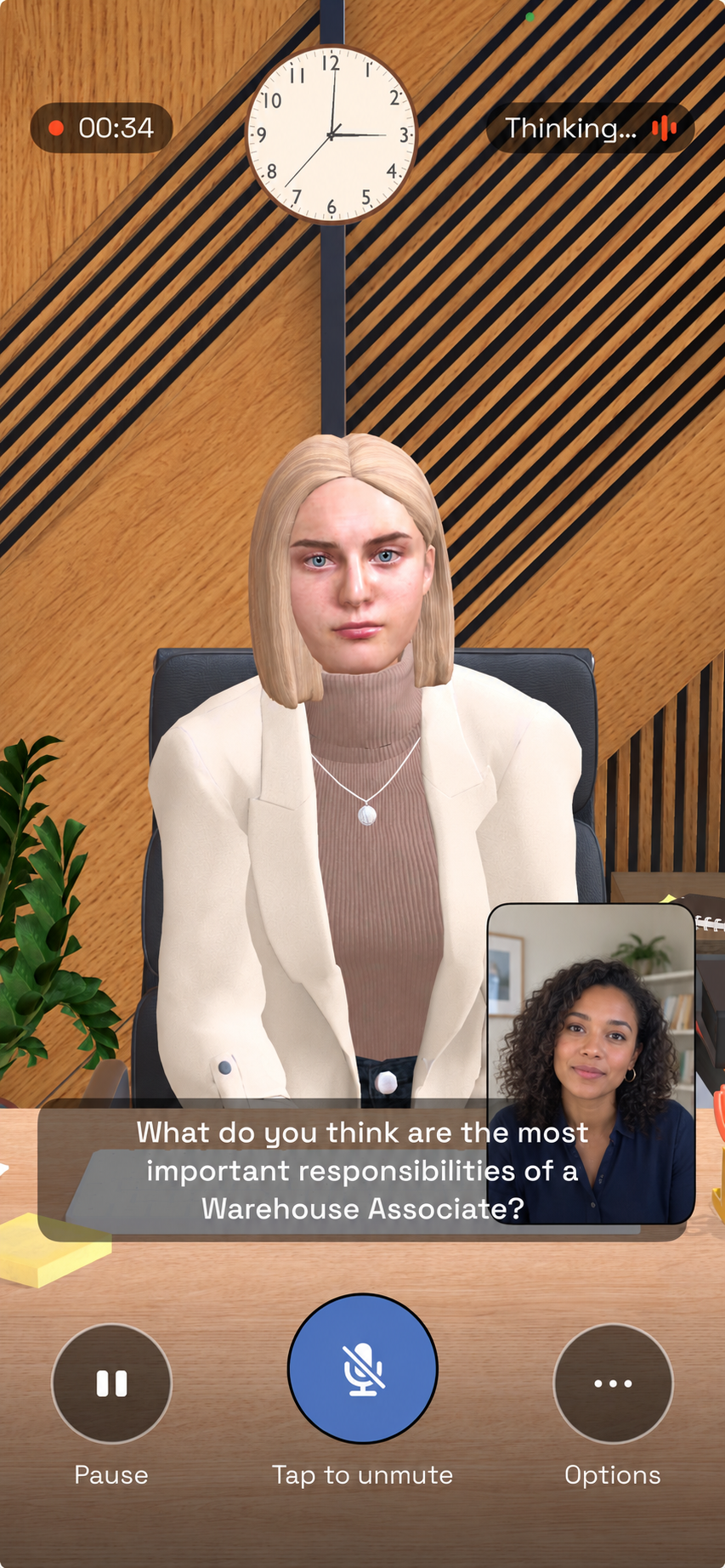 NAVIS female virtual interviewer during a Warehouse Associate practice interview, with a fictional adult participant in the camera tile.