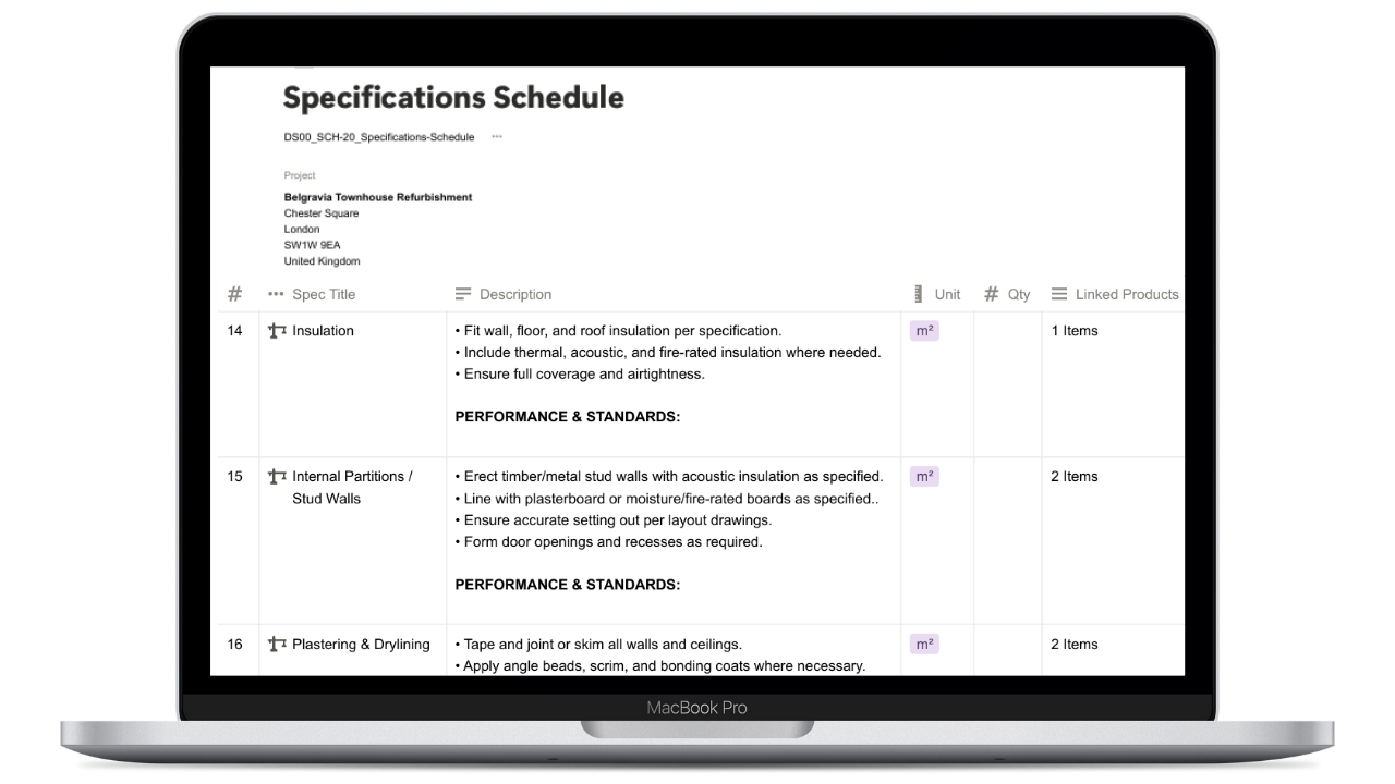 Specifications schedule