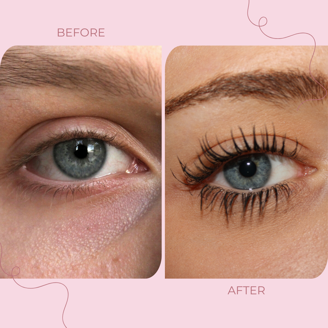 Before and after of a client's natural lashes, from bare to lifted, darker and defined