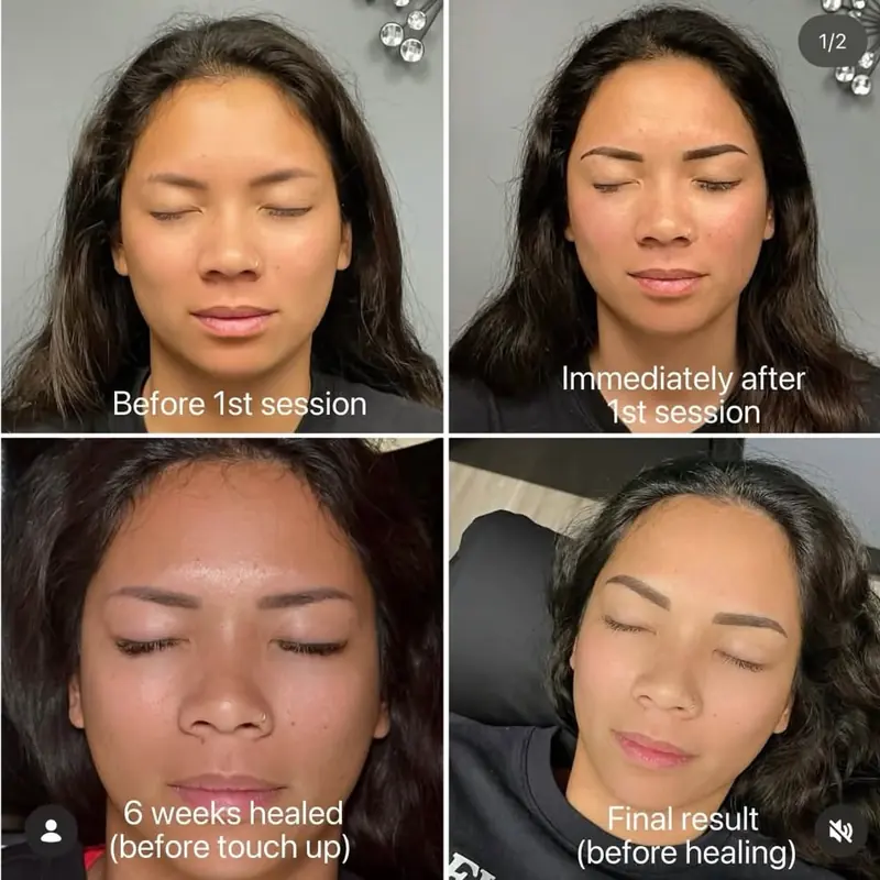 Four-photo progression of a client's permanent brows: before, right after the first session, six weeks healed and the final result