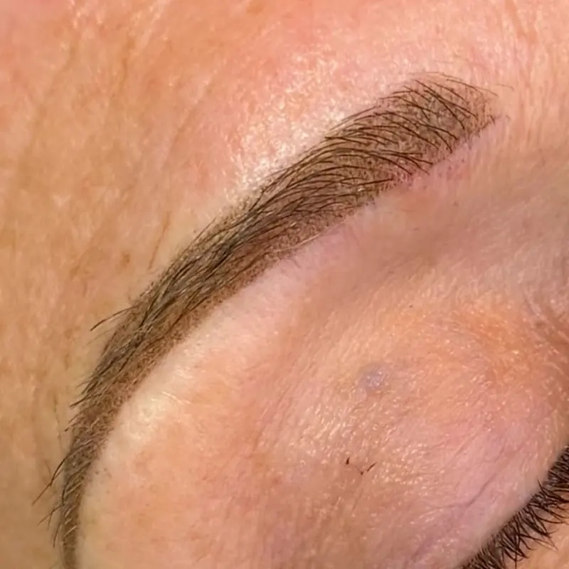 Close-up of fine hair-stroke microblading on a client's brow by Tasha's Browtique