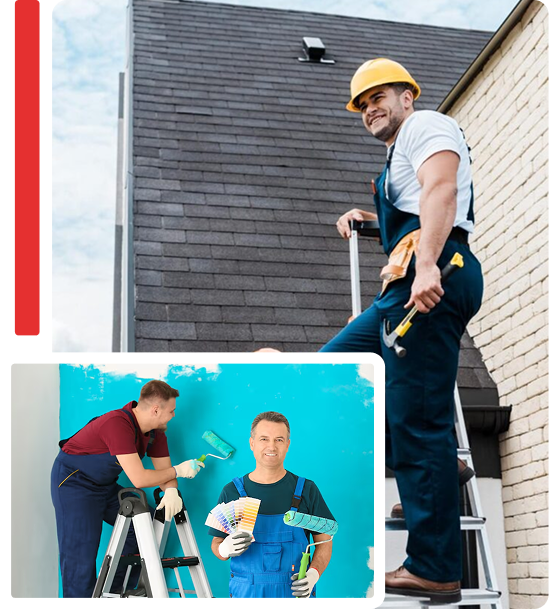 Professional residential painters from Twin Brothers Painting in Madison County, AL, showing interior wall painting and roof maintenance services.