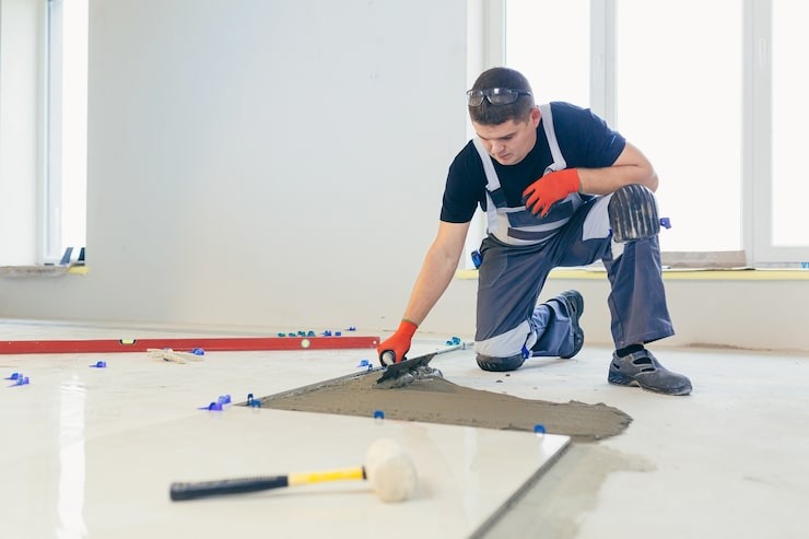 A skilled worker wearing protective gear and kneepads applying adhesive to a floor for tile installation, highlighting the flooring expertise of Twin Brothers Painting in Madison County.
