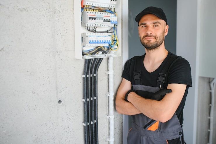 Professional electrician from Twin Brothers Painting inspecting an electrical circuit breaker panel during a home renovation in Madison County, AL.