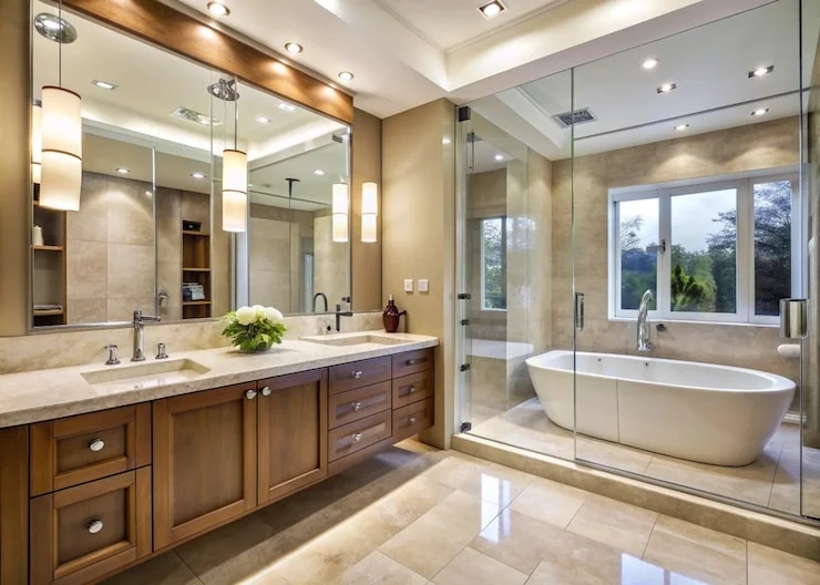 A modern bathroom with a double vanity, large mirror, and a standalone tub inside a glass enclosure.