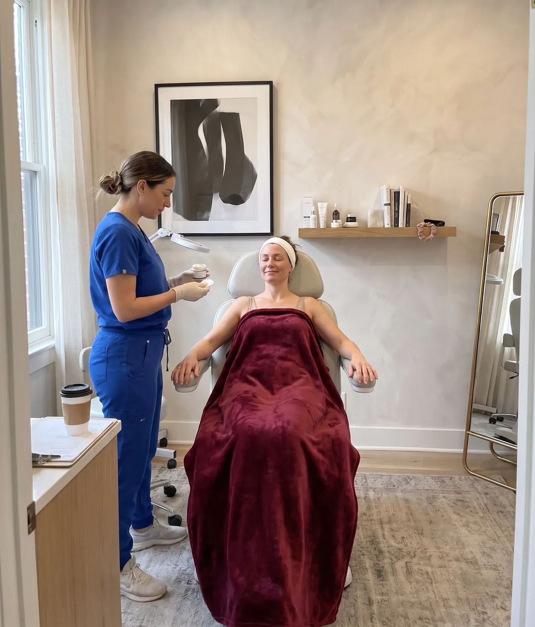 The same room in daylight with a patient relaxing in the chair during a facial