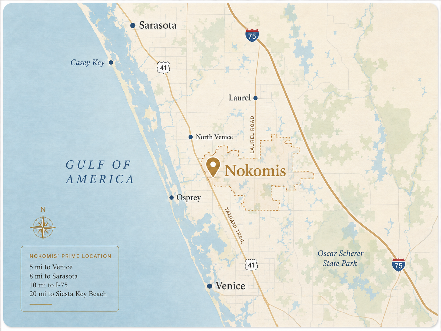 Editorial regional map showing Nokomis Florida between Venice and Sarasota