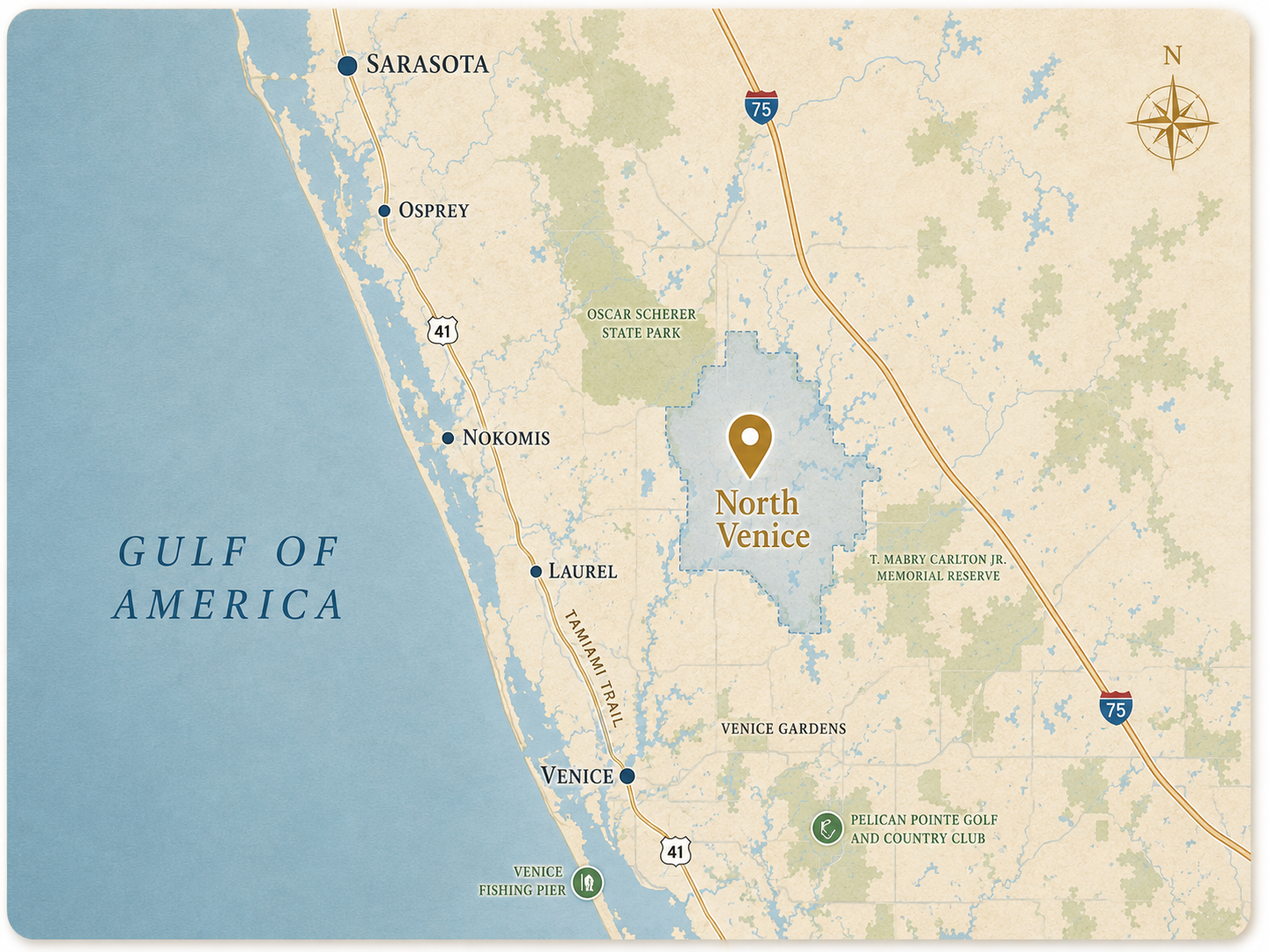 Editorial map showing North Venice, Laurel Road, I-75, and SMH-Venice