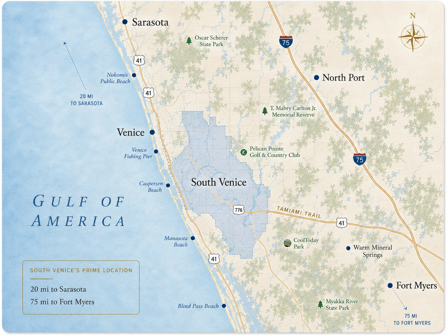 Editorial map of South Venice Florida highlighting Lemon Bay, US-41, and Jacaranda Blvd with gold pins