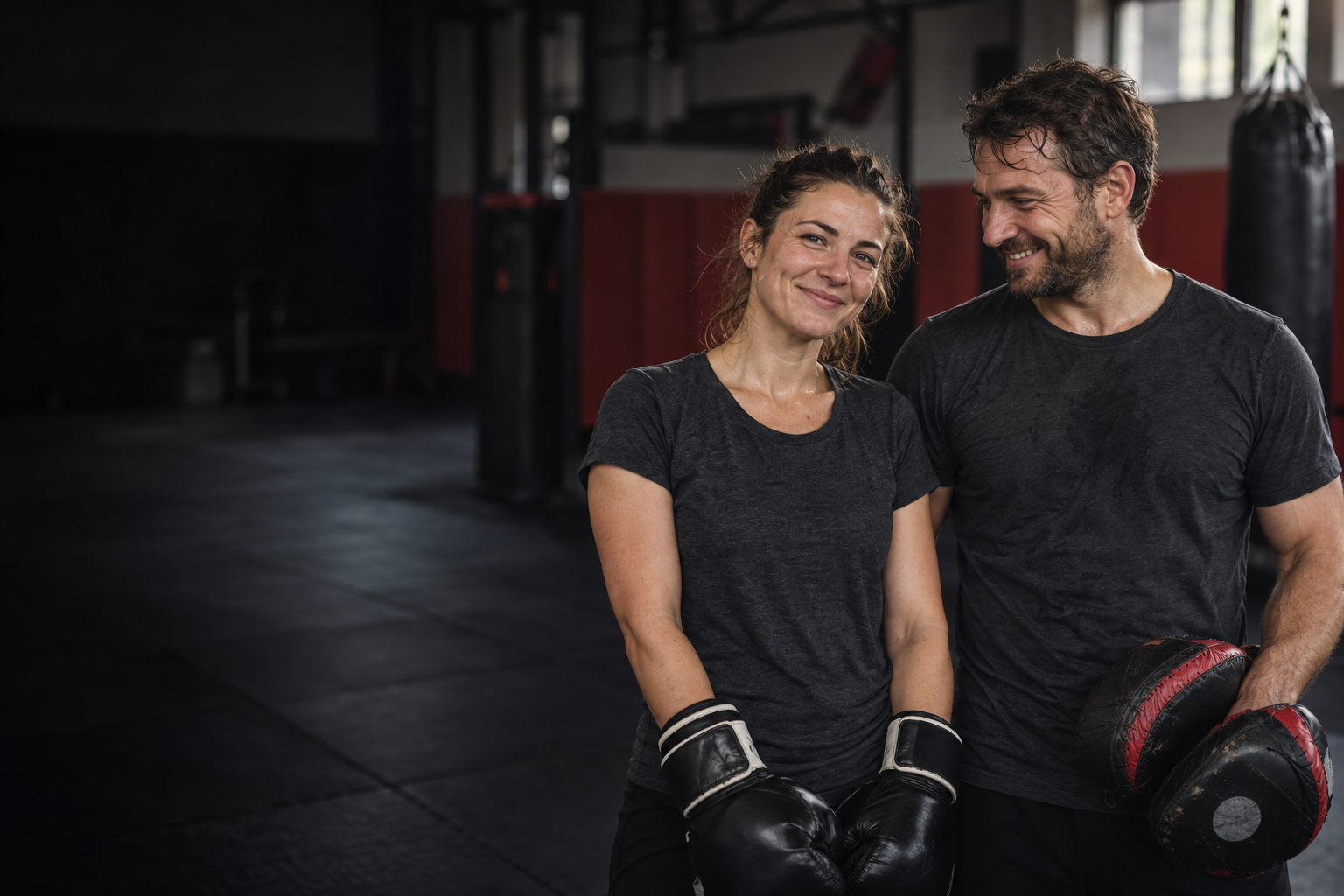 Zwei Erwachsene lächeln nach dem Kampfsporttraining