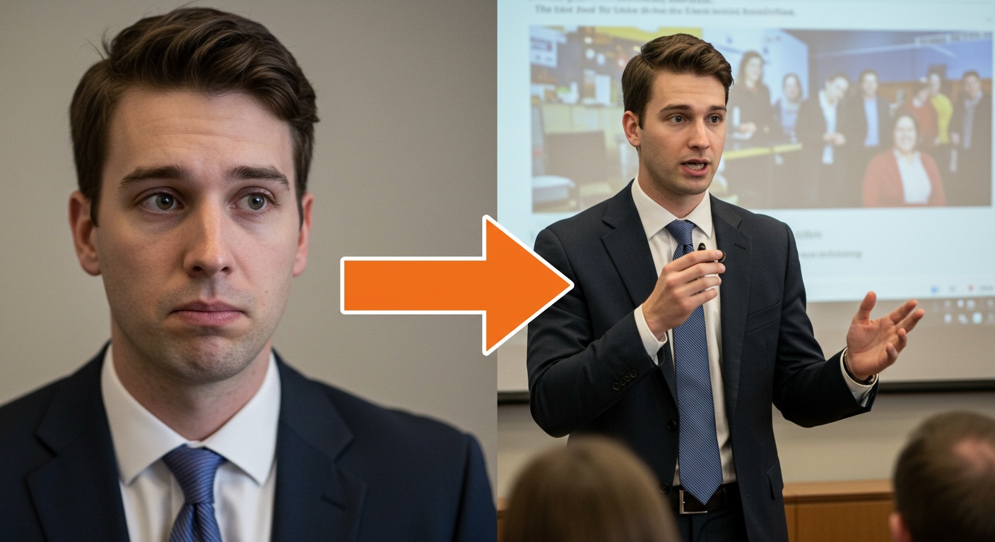 Before and after transformation: from anxious to confident speaker.