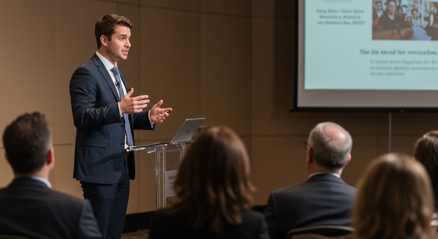 A confident speaker presenting to an audience