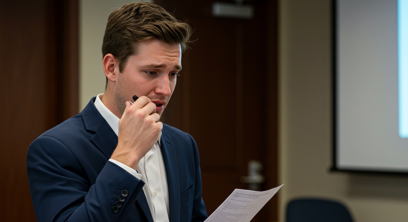 A nervous speaker reading from notes