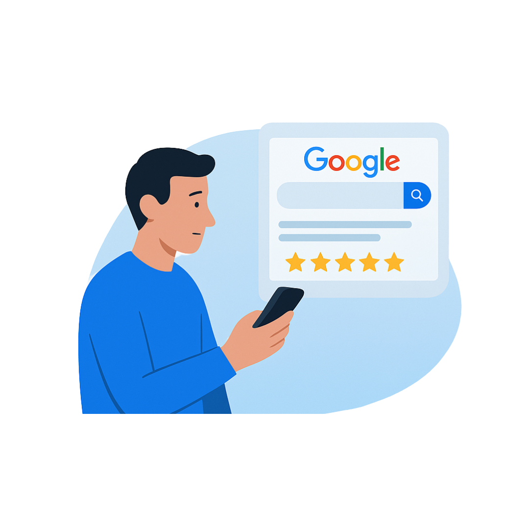 Illustration of a person looking at 5-star reviews on a smartphone.