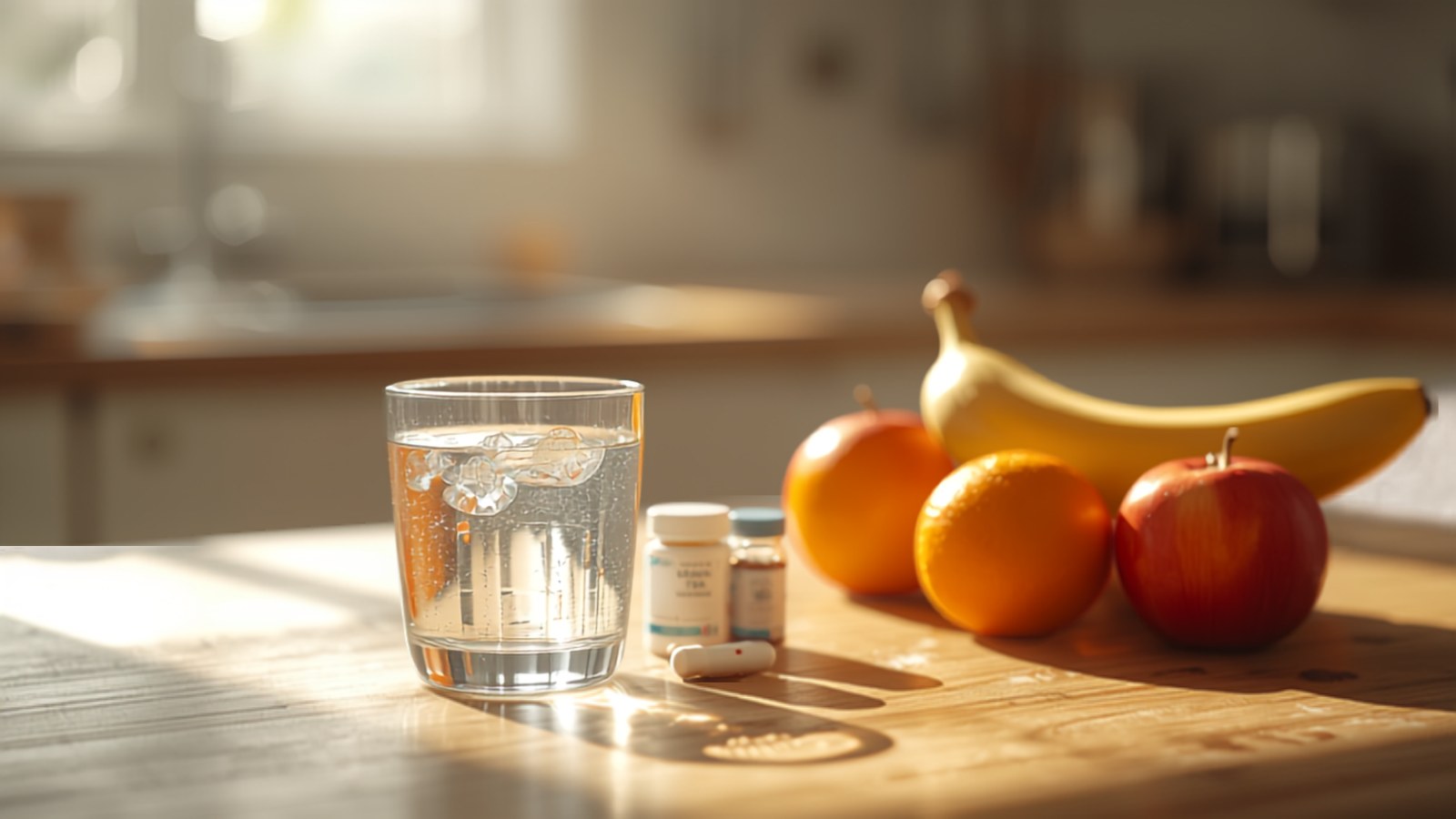 Glass of water, daily vitamin supplements and fresh fruit on a kitchen counter in morning light