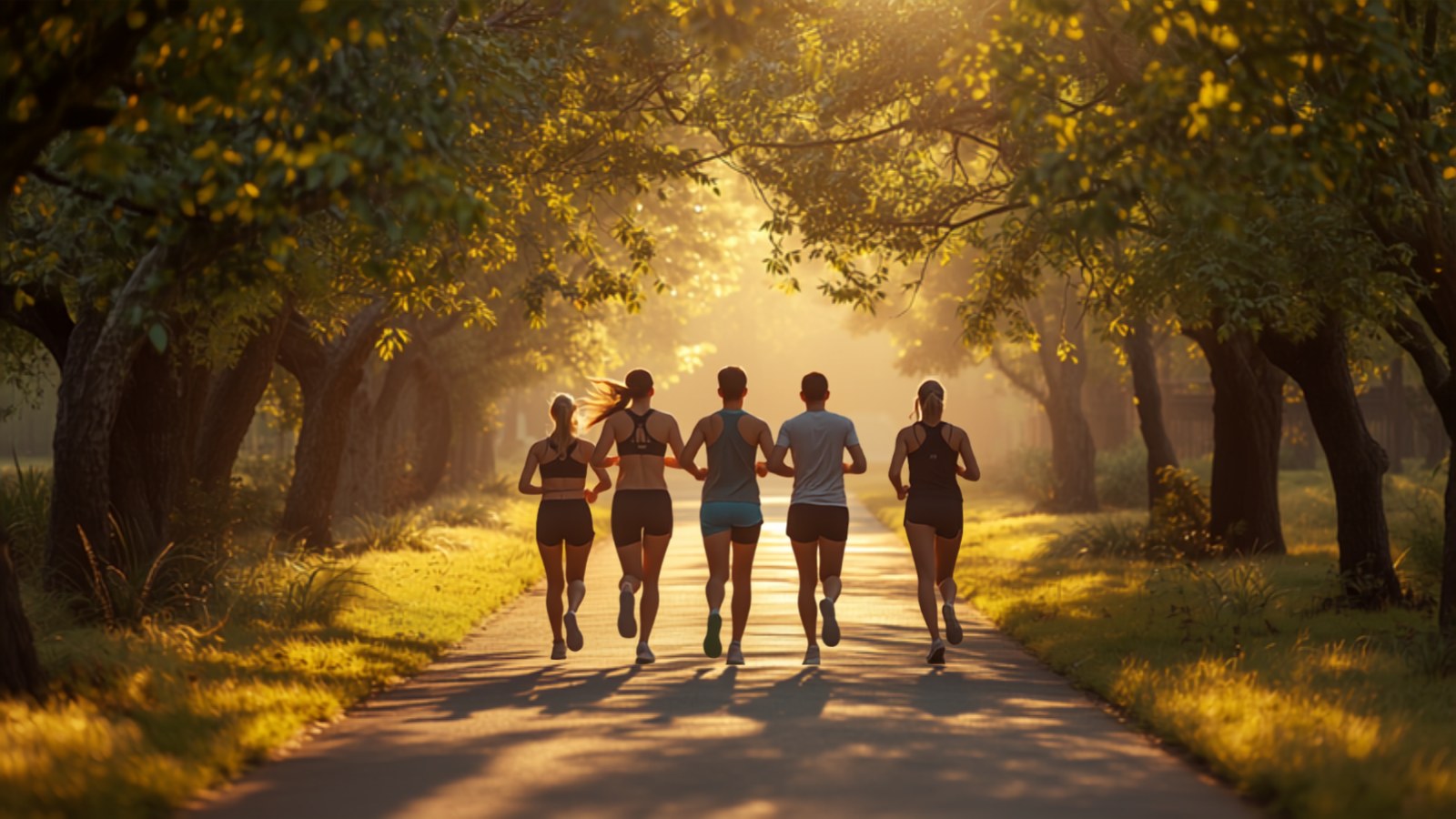 Group of friends running together on a tree-lined trail at sunrise