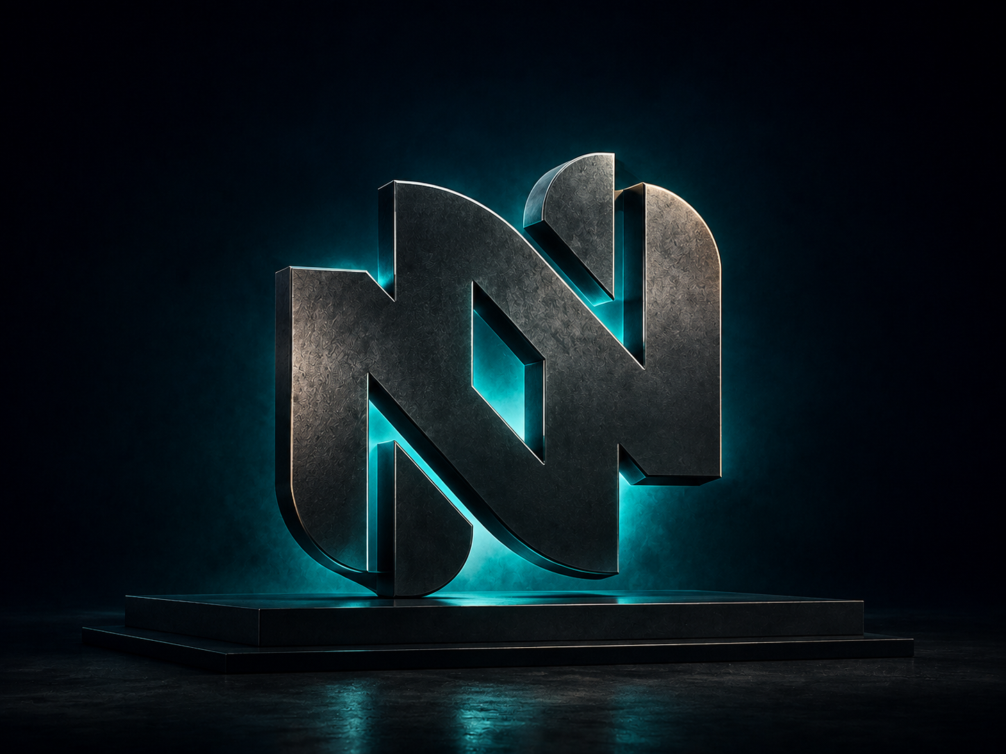 Escultura metálica del anagrama oficial de Nadia Business Group iluminada en teal