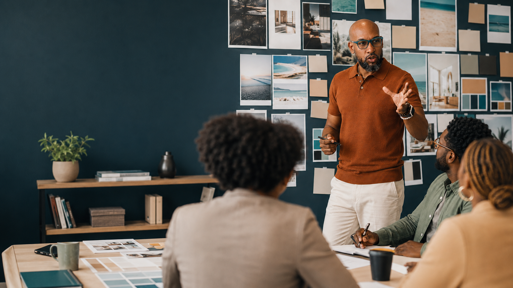Sesión de dirección estratégica con un equipo diverso