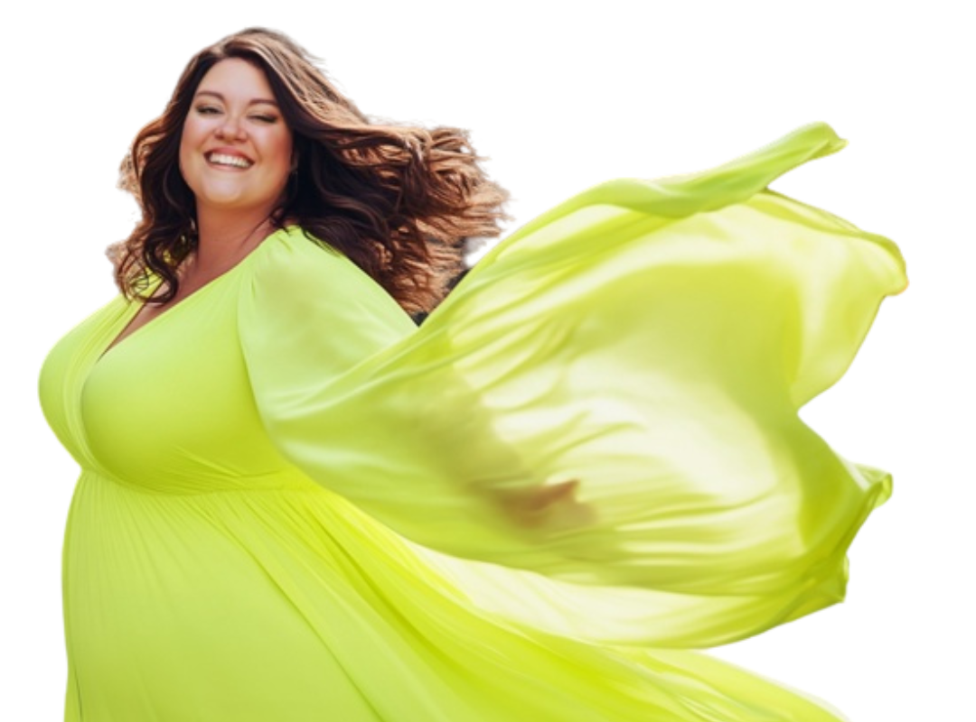 Lauren Diana in a lime dress, mid-twirl