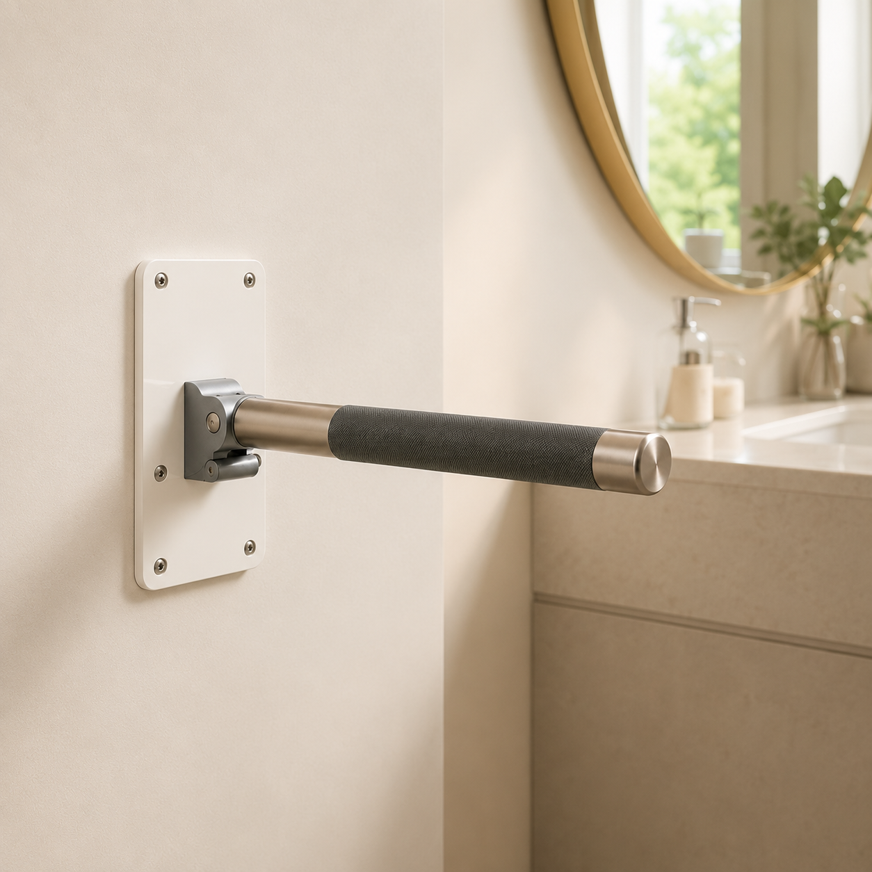 RiseBar mounted on the wall in a bright, modern bathroom