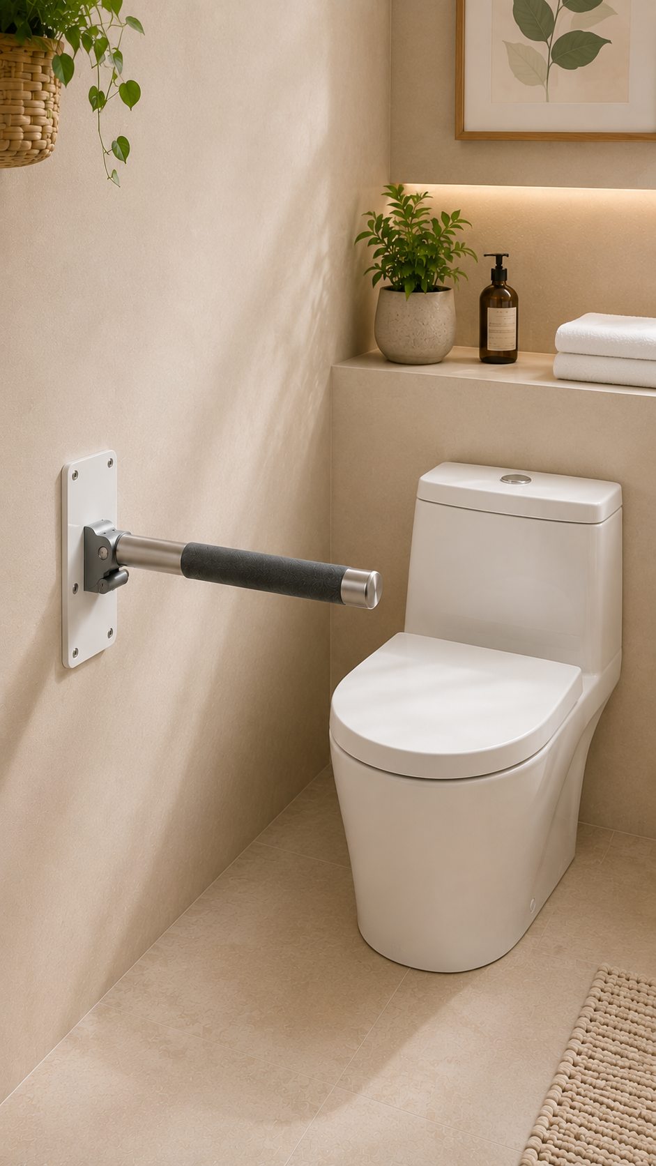 RiseBar mounted on the wall in a bright, modern bathroom