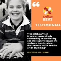 African Beat testimonial graphic from a primary school with a photo of a smiling student