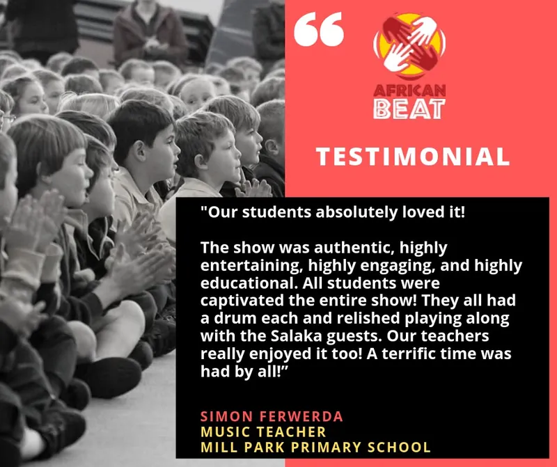 African Beat testimonial graphic quoting Simon Ferwerda, Music Teacher at Mill Park Primary School