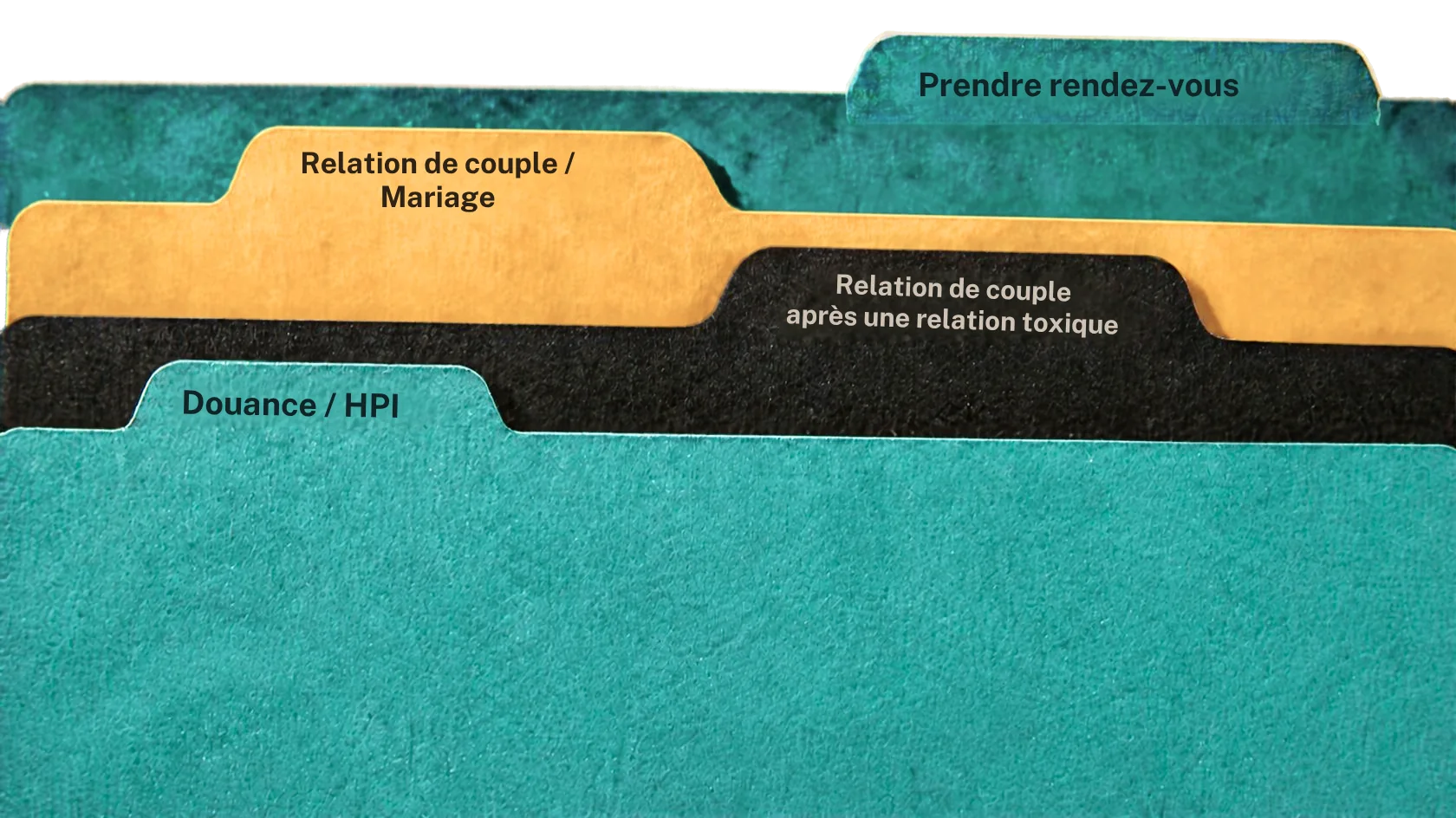 Quatre dossiers à onglets : Douance / HPI, Relation de couple / Mariage, Relation de couple après une relation toxique, Prendre rendez-vous