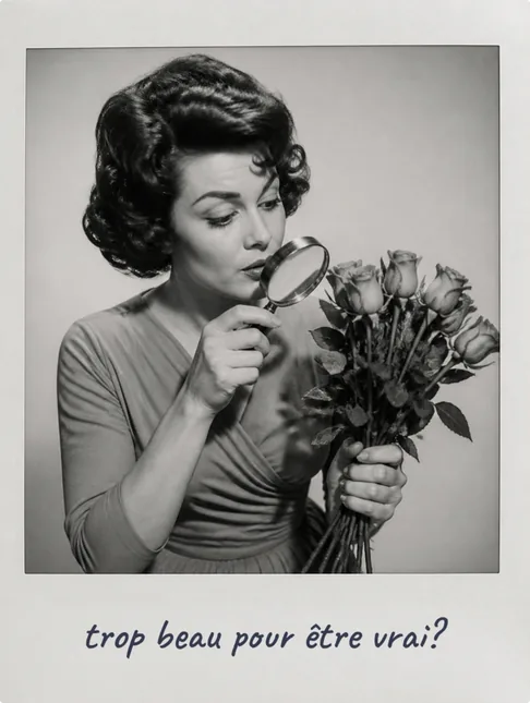 Femme rétro qui examine un bouquet de roses à la loupe : trop beau pour être vrai?