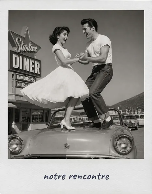Couple des années 50 qui danse sur le capot d'une voiture devant un diner : notre rencontre