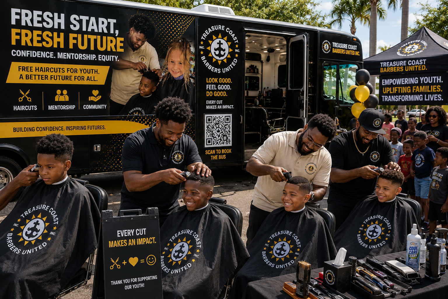 Rendered vision of TCBU's completed Mobile Self-Care Unit — a converted transit bus with professional barber workstations, gold and navy branding, and wheelchair-accessible entry