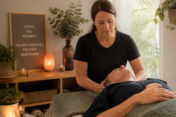 Holistic therapy session supporting emotional healing and trauma recovery for first responders.