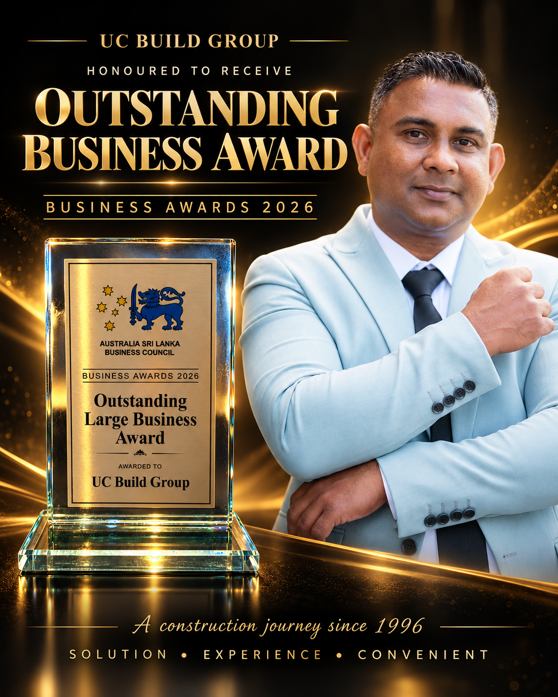 UC Build Group Outstanding Business Award 2026 announcement with Arron and the award