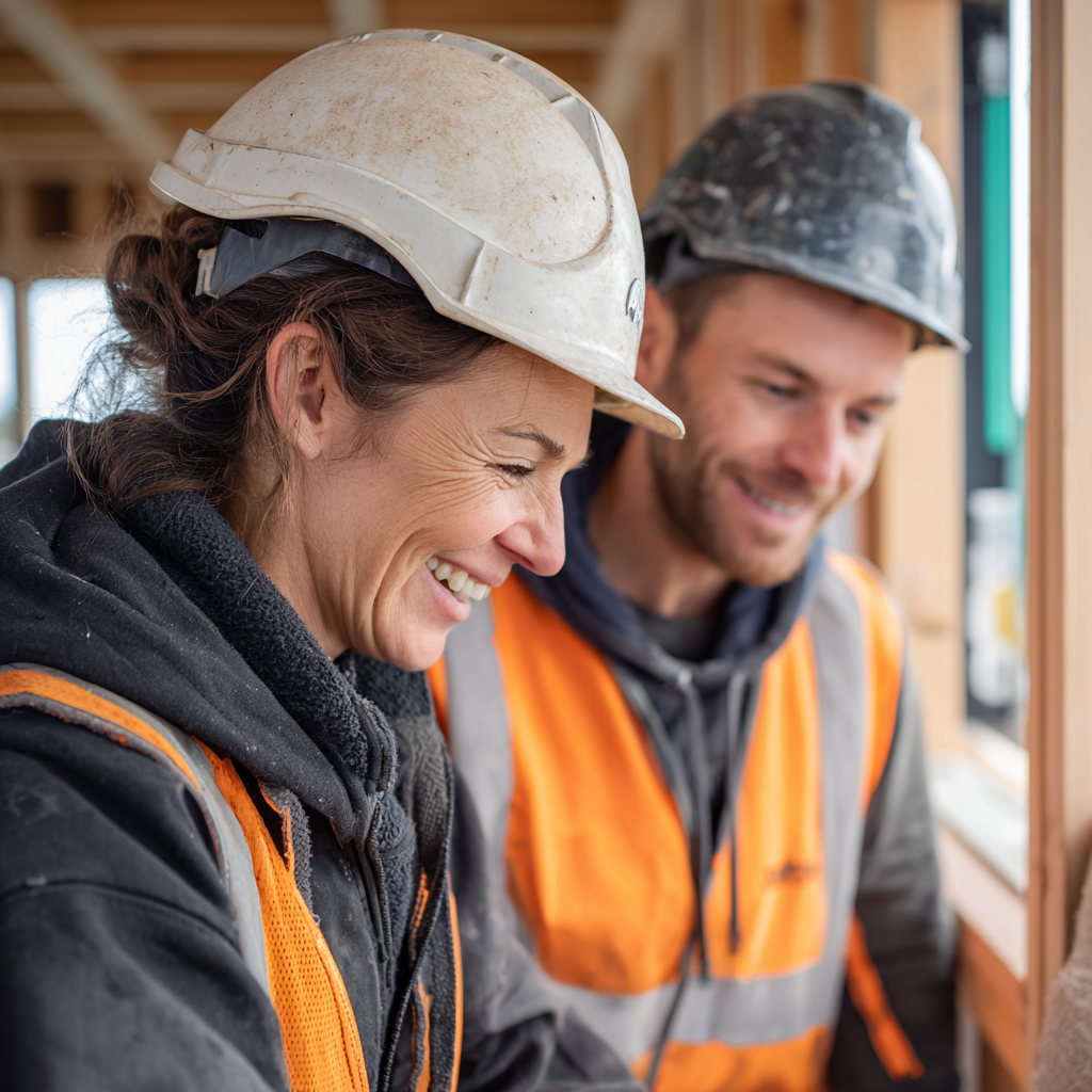 NZ tradies smiling on construction site while Bizzy Boss AI handles their business admin