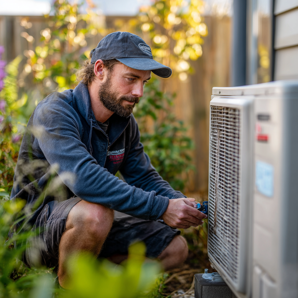 NZ HVAC tradie servicing heat pump using Bizzy Boss AI to manage bookings