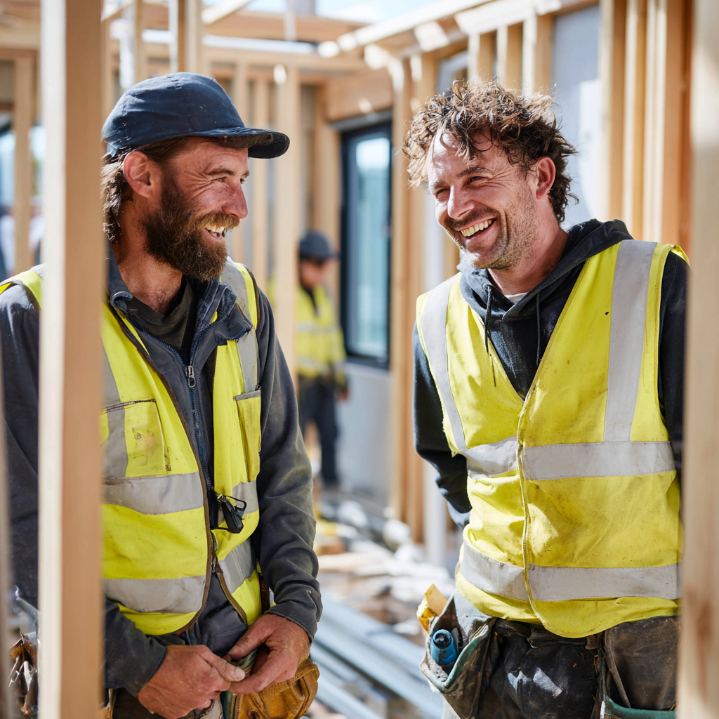 NZ construction crew smiling on building site while Bizzy Boss AI handles their admin work