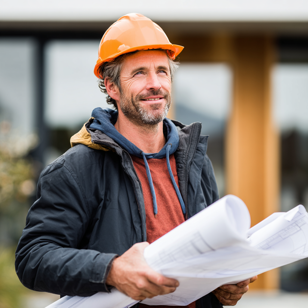 NZ builder in hard hat reviewing construction plans on site while Bizzy Boss AI manages client calls.