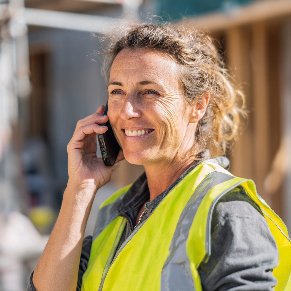 Female NZ tradie answering calls on site with Bizzy Boss AI receptionist handling bookings