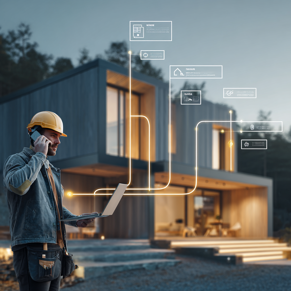 NZ tradie using laptop connected to integrated AI tools and automation systems on construction site
