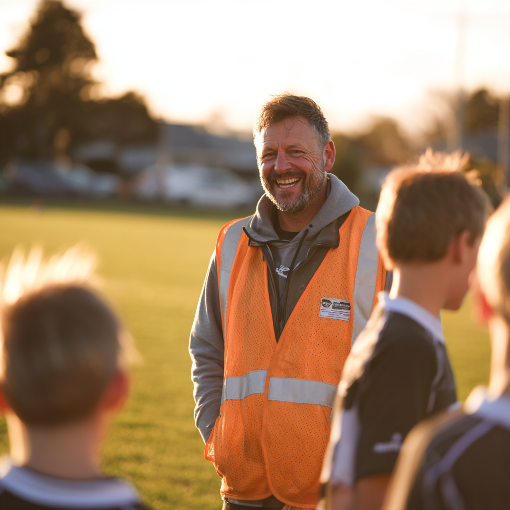 NZ tradie in orange hi-vis spending time coaching youth sports with more free time from Bizzy Boss AI