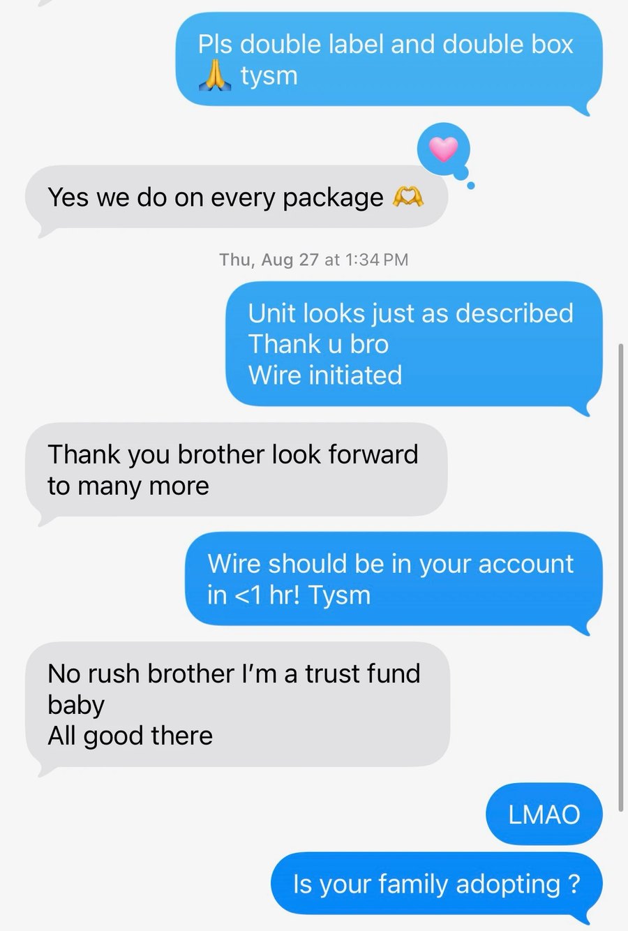 Text message thread confirming a completed wire payment to a seller