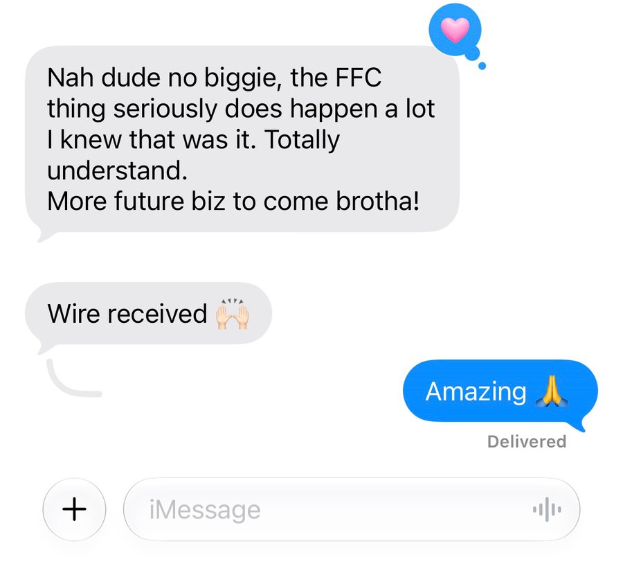 Text message thread confirming a completed wire payment to a seller